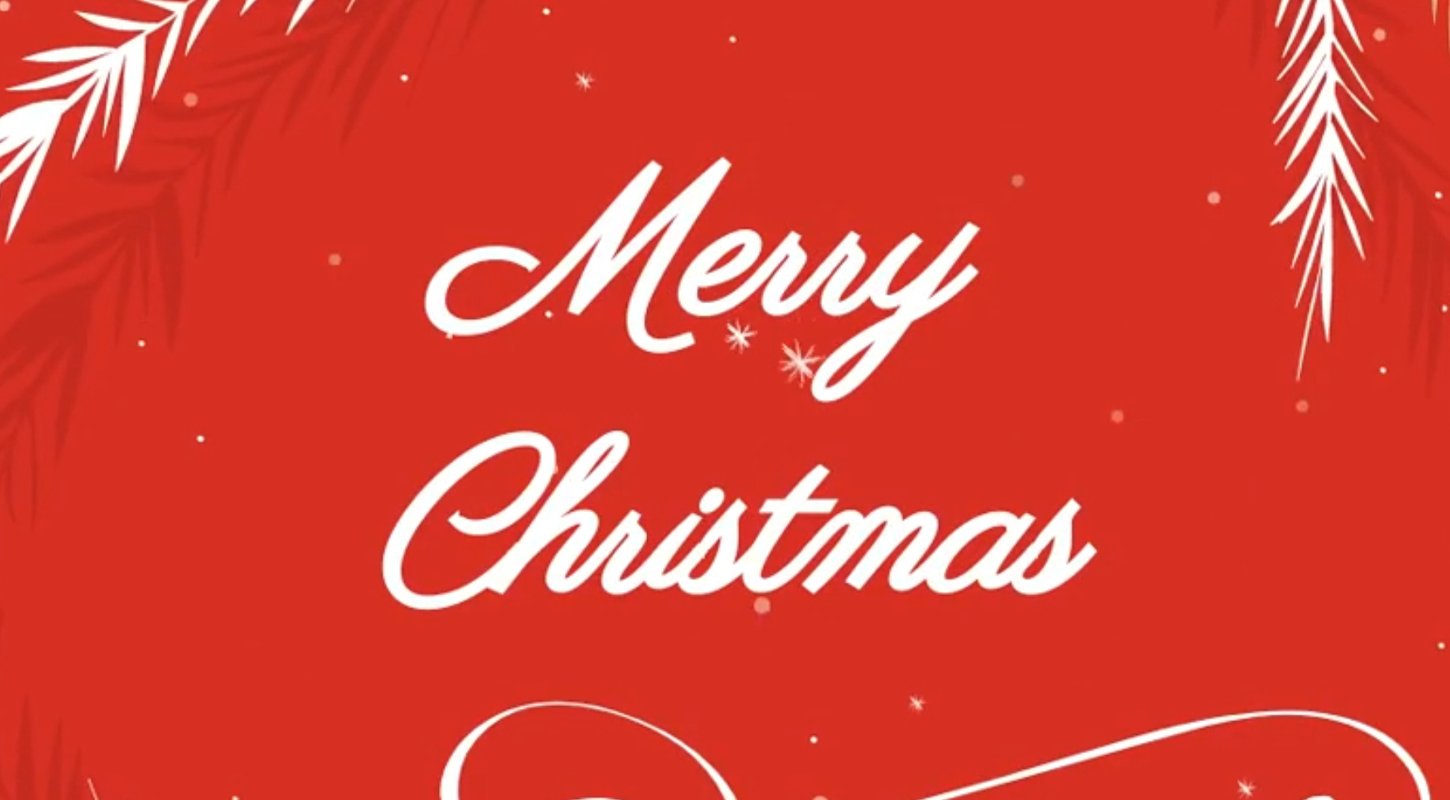 Merry Christmas in script font on red background