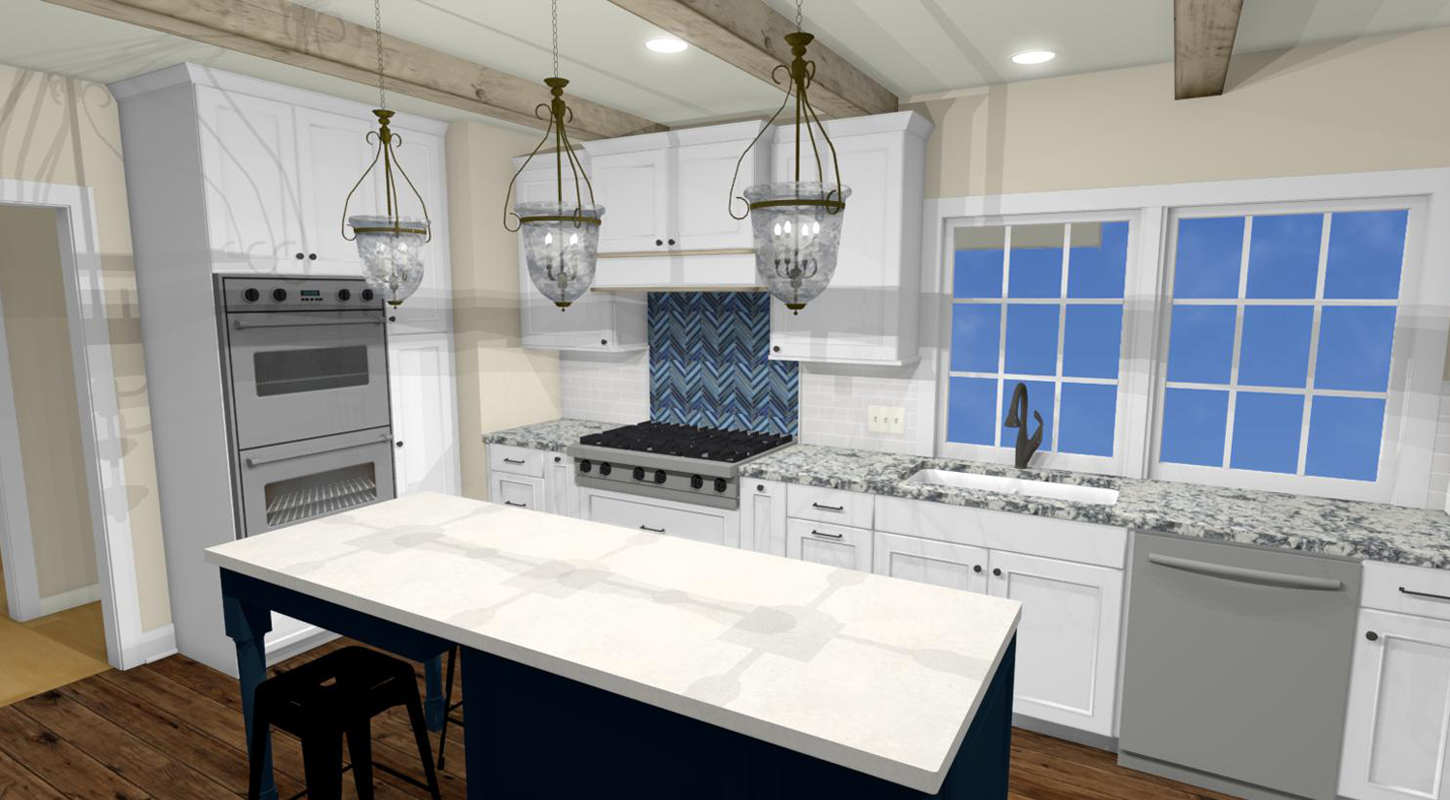 A kitchen design rendering by Cleary Co showing a white marble topped island with three hanging glass sconces over it, white cabinets, a double oven mounted on the wall, gas range with blue chevron tile backsplash and two windows with a sink